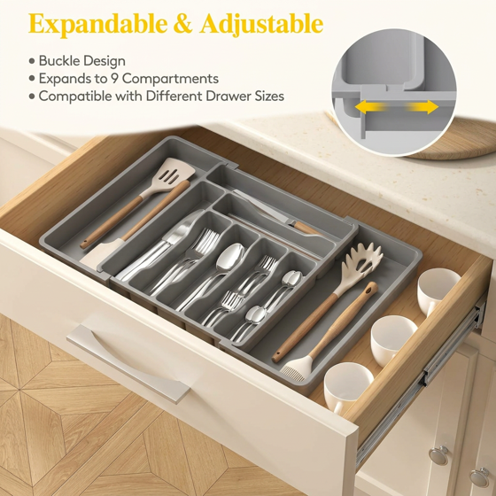 Norcho Expandable Utensil Organizer Drawer, Adjustable Cooking Silverware Tray, Plastic Spatula Tools Divider 13-22.4"x15" Gray