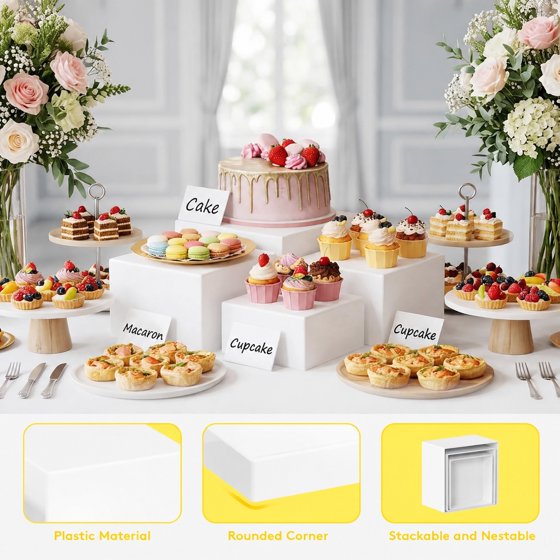 Norcho Plastic Buffet Risers Set of 6, White Food Display Stands for Buffet Table, 6" 7" 7.8" Nesting Cube Dessert Cake Holders for Party, Jewelry and Collectibles Display