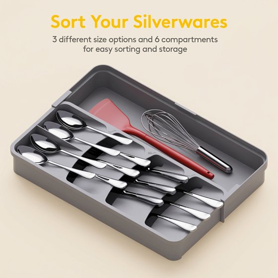 Norcho Expandable Silverware Drawer Organizer, Adjustable Utensil Tray for Kitchen Flatware Cutlery Storage, Gray Plastic