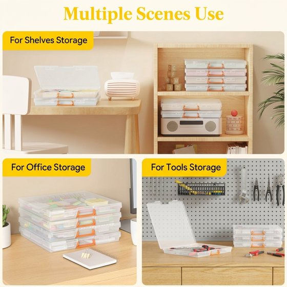 Norcho 3" x 12.2" Paper Storage Boxes with Secure Latch, Plastic Portable Organizer with Handle and Labels, 4-Pack for Files, Documents, Crafts, Puzzles, Cards, and Art Supplies