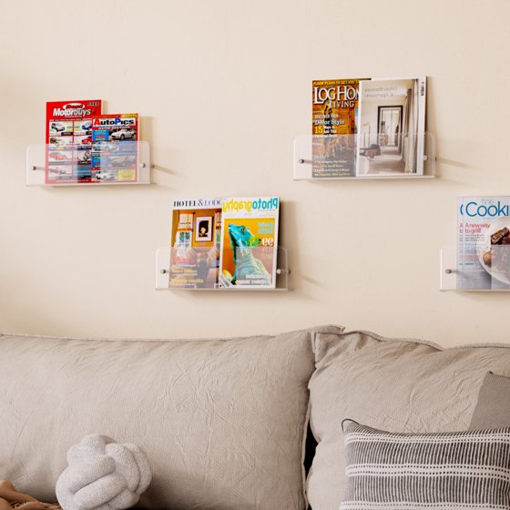 Magazine Rack Wall Mounted 6 Pack, 15" Clear Acrylic Nursery Bookshelf, Kids Floating Shelves Picture Display Racks for Baby, Toddler, Children Bedroom Living Room Decor, Mother’s Day Gift Idea