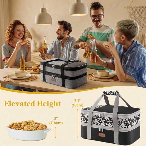 Norcho Insulated Double Decker Casserole Carrier, Expandable Lasagna Tote Bag for Hot or Cold Food, Fits 9" x 13" Baking Dish, Black-Flowers