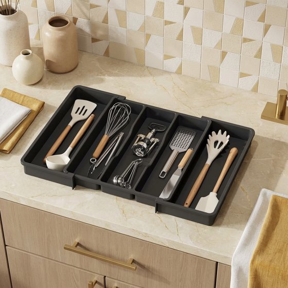 Norcho Utensil Organizer for Kitchen Drawers, Expandable Cooking Utensil Tray, Adjustable Cutlery and Silverware Holder, 13–22 x 15", Black