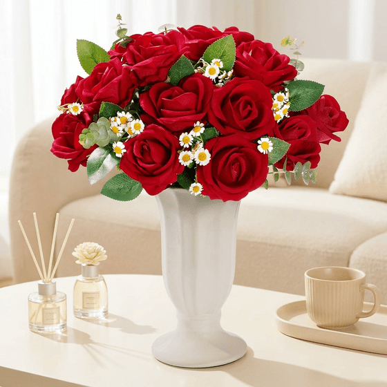 Norcho 10 Pcs Red Artificial Roses Bulk, Fake Long Stem Silk Flowers for DIY Wedding Bouquets Centerpieces Valentine Decor