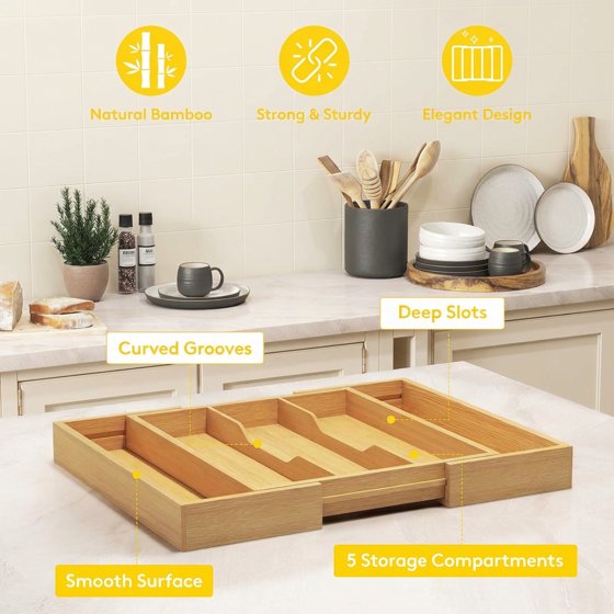 Norcho Utensil Organizer for Kitchen Drawer, Expandable Bamboo Cutlery and Flatware Tray, Adjustable Cooking Utensil and Spatula Holder, 13–22 × 15 Inches
