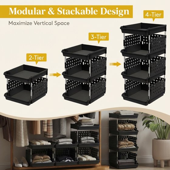 Norcho 4-Tier Plastic Stackable Storage Baskets, Stacking Bins for Food, Clothes, and Household Organization, Black