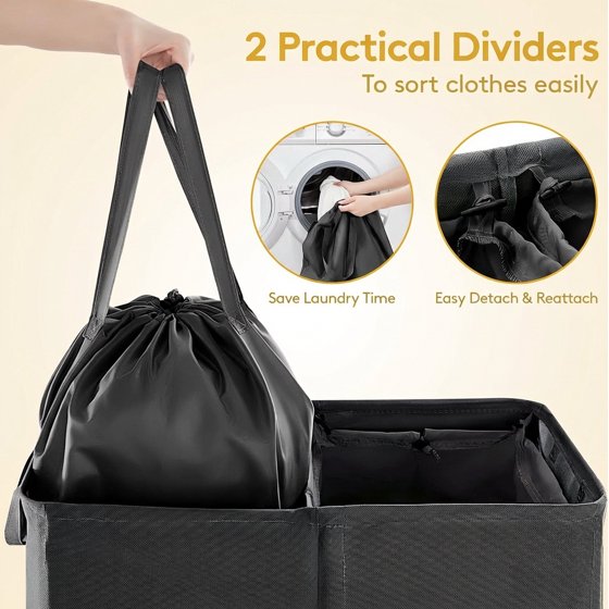 Norcho 160L Double Laundry Hamper with Lid, Divided Laundry Basket with Removable Bags and Handles, Large Separated Clothes Basket, Black