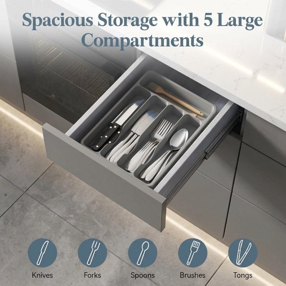 Norcho Silverware Drawer Organizer Tray, Plastic Cutlery and Utensil Holder Divider for Spoons, Forks, Knives and Tableware, 5 Slots, 9.1 x 12.6 Inch, Gray