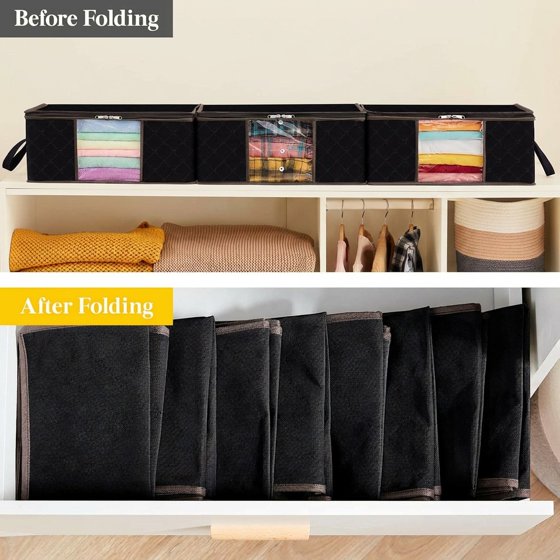 Norcho 3 Pack Clothes Storage Bag Foldable Bin with Reinforced Handle, Clear Window, Sturdy Fabric for Clothing Bedding, Black