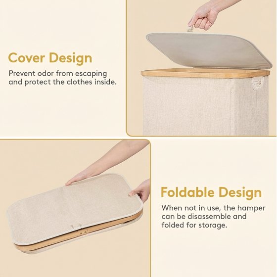 Norcho 100L Laundry Basket with Lid, Large Foldable Laundry Hamper with Bamboo Handles and Removable Bag, Beige (5.0) | 3 ratings
