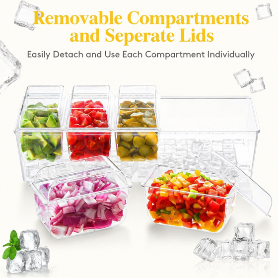 Norcho Ice Chilled Condiment Caddy 5 Containers, Condiment Server with Lid, Serving Tray Platter with Removable Dishes for Bar, Fruit, Salad, Taco Party & Garnishes