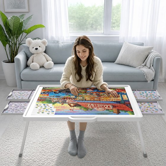 Norcho 1500 Pieces 2-in-1 Rotating & Tilting Puzzle Board with Divided Drawers, Felt Mat, Protective Cover, Portable Jigsaw Puzzle Table with Handle, 4 Extra Felt Trays, 35" x 27", White