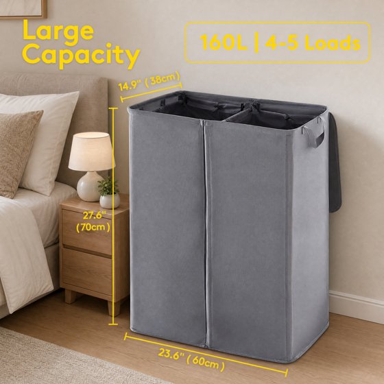 Norcho 160L Double Laundry Hamper with Lid, Divided Laundry Basket with Removable Bags and Handles, Large Separated Clothes Basket, Gray