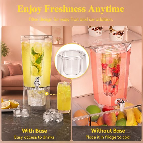 Norcho 1.1 Gallon Drink Dispenser for Parties with Stand and Ice Core, Clear Plastic Beverage Dispenser with Spigot for Juice, Tea, Soda, BPA-Free Lemonade Water Pitcher for Fridge and Events
