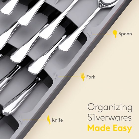 Norcho Expandable Silverware Drawer Organizer, Adjustable Utensil Tray for Kitchen Flatware Cutlery Storage, Gray Plastic