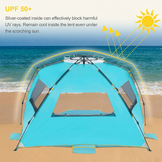 Norcho 4-5 Person Beach Tent UPF 50+ Portable Shade Canopy with Extended Porch, Ventilated Windproof, Blue