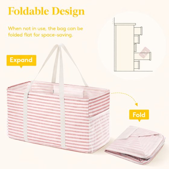 Norcho Extra Large Tote Bag, Reusable Foldable Shopping Bag with Metal Frame and Handles, 46L for Storage, Picnics, Beach, Laundry, Car, Pink
