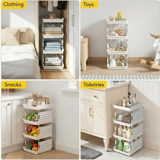 Norcho 4-Tier Plastic Stackable Storage Baskets, Stacking Bins for Food, Clothes, and Household Organization, White