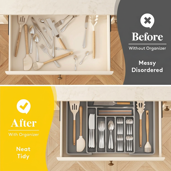 Norcho Expandable Utensil Organizer Drawer, Adjustable Cooking Silverware Tray, Plastic Spatula Tools Divider 13-22.4"x15" Gray