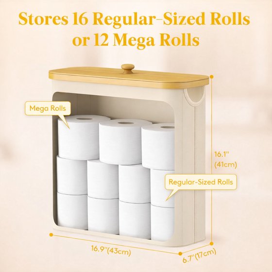Norcho Toilet Paper Storage Holder for 12–16 Rolls, Freestanding Toilet Paper Basket with Bamboo Lid, Collapsible Fabric Bathroom Organizer for Mega Rolls, 30L, White