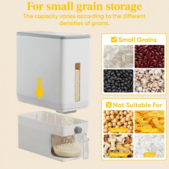 Norcho Rice Dispenser, 25 lb (11.3 kg) Sealed Rice Storage Container with Measuring Cup, Moisture Proof, Kitchen Pantry, White
