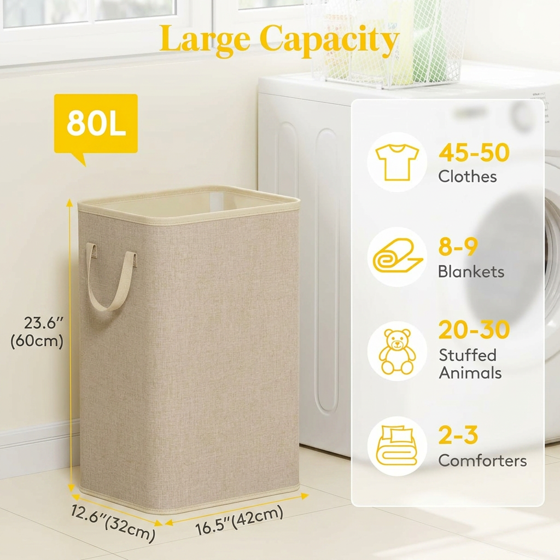 Norcho 80L Tall Collapsible Laundry Hamper with Handles, Foldable Portable Clothes Basket for Dorm Bathroom, Beige