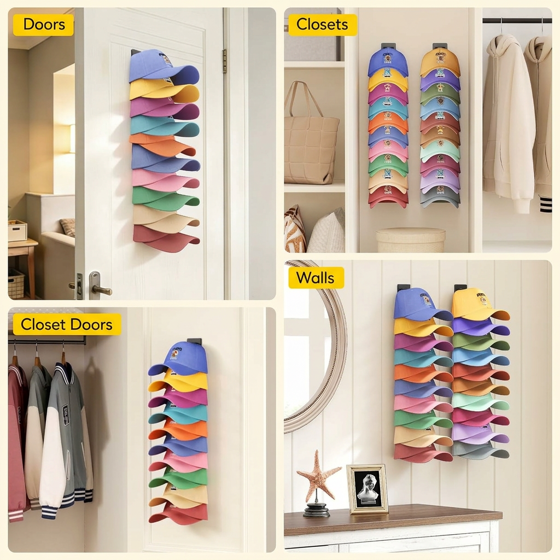 Norcho Hat Organizer Baseball Caps, Holds 10, Wall Mount Over Door Rack Dual Install Nails Adhesive, Black 1-Pack