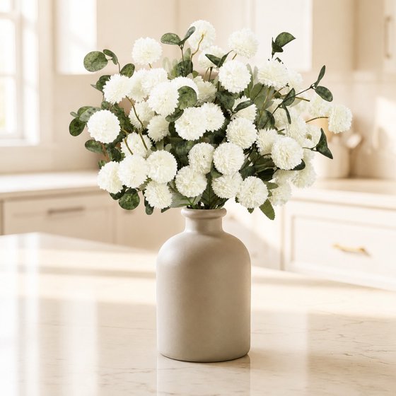 Norcho White Artificial Flower for Vase, 10 Pcs Faux Silk Mum Balls + 2 Eucalyptus Stems, Fake Small Kiku for Floral Arrangement, Pom Pom Centerpiece