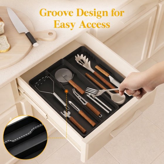 Norcho Utensil Organizer for Kitchen Drawer, Expandable Cooking Silverware Tray, Adjustable Plastic Cutlery and Flatware Holder, Spatula and Tool Storage Divider, 14.4 × 15.8 Inches, Black