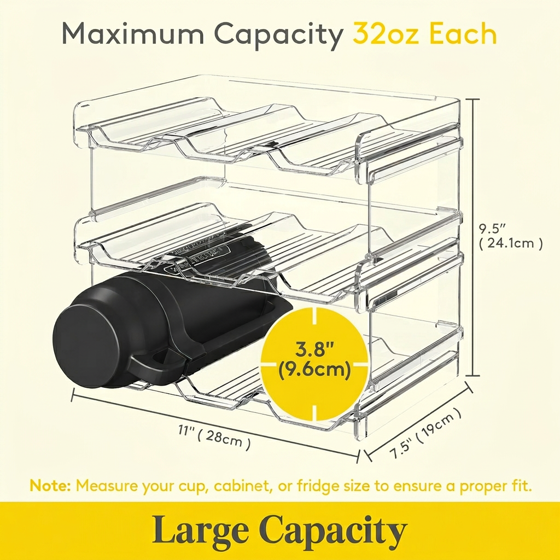Norcho 3 Tier Stackable Water Bottle Organizer, Cabinet Plastic Holder Fits 9 Bottles 3.8" Dia, Pantry Countertop Cupboard