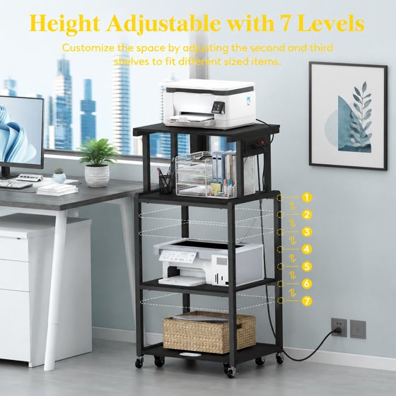 Norcho 4 Tier Printer Stand with 3 Power Outlets, Wheels & Adjustable Storage Shelf, Rolling Printer Cart for Home Office, Shredder, Scanner & Fax Machine, Holds up to 340 lbs, Black