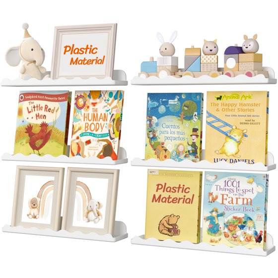 Floating Book Shelves 6 Pack, 15"×3.4" White Cloud Plastic Wall Shelf for Kids Bedroom, Hanging Bookshelf Rack for Baby, Toddler, Children Room Decor, Mother’s Day Gift Idea