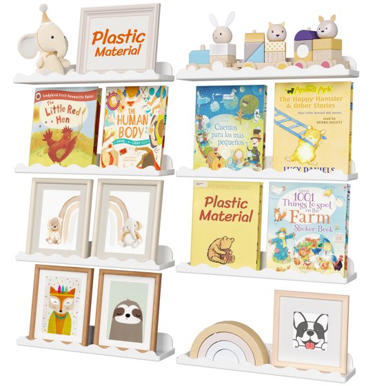 Floating Book Shelves 8 Pack, 15"×3.4" White Cloud Plastic Wall Shelf for Kids Bedroom, Hanging Bookshelf Rack for Baby, Toddler, Children Room Decor, Mother’s Day Gift Idea