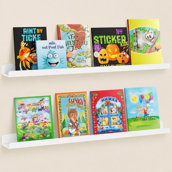 Floating Nursery Book Shelves for Wall Set of 2, 36 Inch White Long Kids Bookshelf, Kids Room Bedroom Study Storage Display Organizer Decor, Mother’s Day Gift Idea
