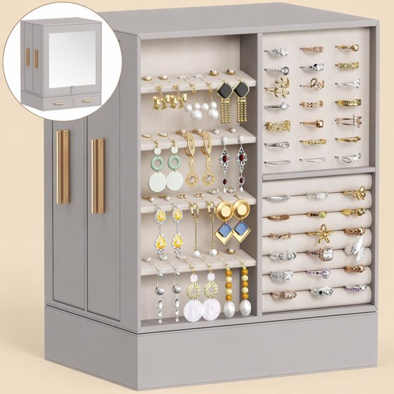 Jewelry Box 360° Rotating with Adjustable Angle Mirror, Large Jewelry Storage Case, Open Design Jewelry Organizer for Rings, Necklaces, Earrings, Bracelets, Mother’s Day Gift Idea