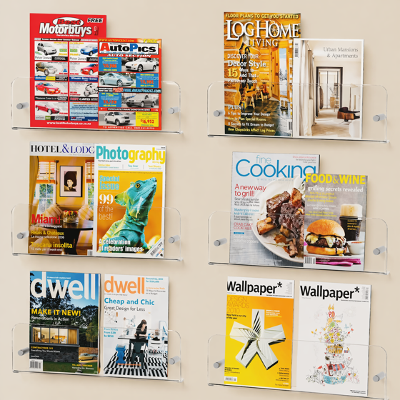 Magazine Rack Wall Mounted 6 Pack, 15" Clear Acrylic Nursery Bookshelf, Kids Floating Shelves Picture Display Racks for Baby, Toddler, Children Bedroom Living Room Decor, Mother’s Day Gift Idea