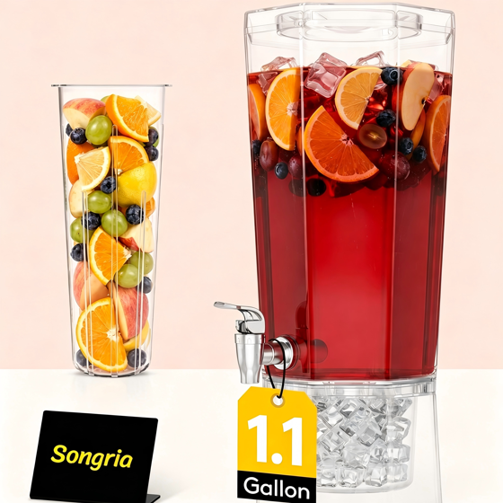 Norcho 1.1 Gallon Drink Dispenser for Parties with Stand and Ice Core, Clear Plastic Beverage Dispenser with Spigot for Juice, Tea, Soda, BPA-Free Lemonade Water Pitcher for Fridge and Events