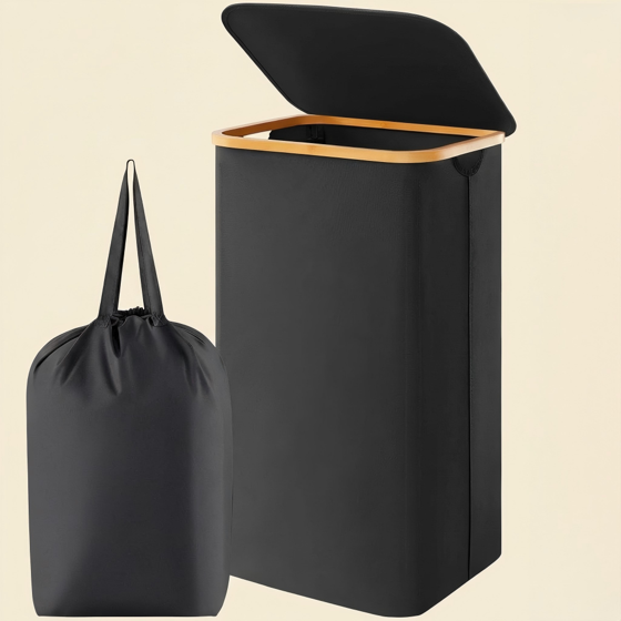 Norcho 100L Laundry Basket with Lid, Large Foldable Laundry Hamper with Bamboo Handles and Removable Bag, Black