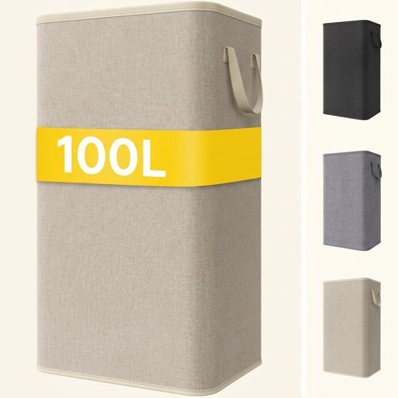 Norcho 100L Tall Collapsible Laundry Hamper with Handles, Foldable Portable Clothes Basket for Dorm Bathroom, Beige