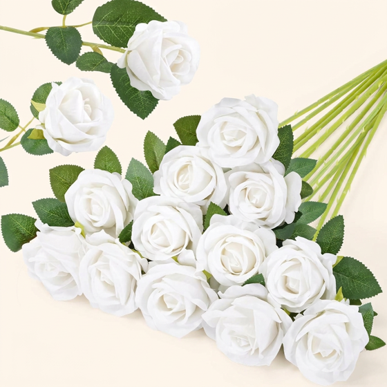 Norcho 12 Pcs White Artificial Roses Bulk, Fake Long Stem Silk Flowers for DIY Wedding Bouquets Centerpieces Valentine Decor