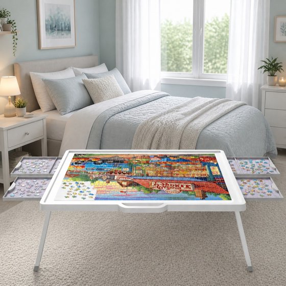 Norcho 1500 Pieces 2-in-1 Rotating & Tilting Puzzle Board with Divided Drawers, Felt Mat, Protective Cover, Portable Jigsaw Puzzle Table with Handle, 4 Extra Felt Trays, 35" x 27", White
