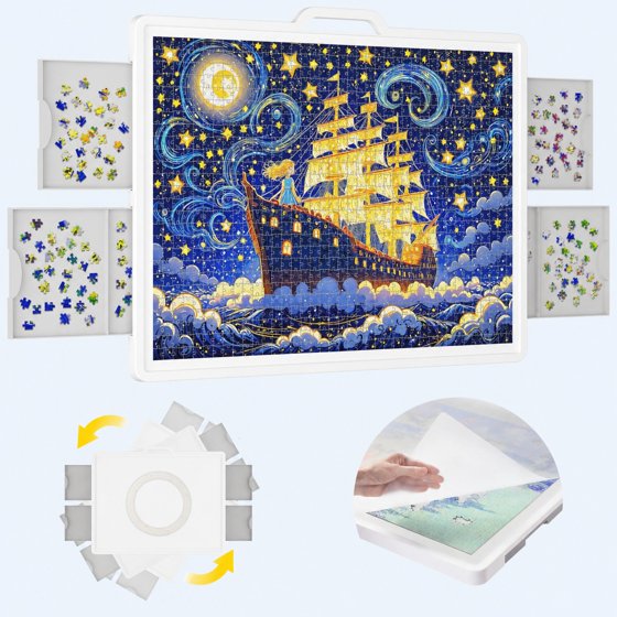 Norcho 1500 Pieces Rotating Puzzle Board with Divided Drawers, Felt Mat, Protective Cover, Portable Jigsaw Puzzle Table with Handle, 4 Extra Felt Trays, 35" x 27", White