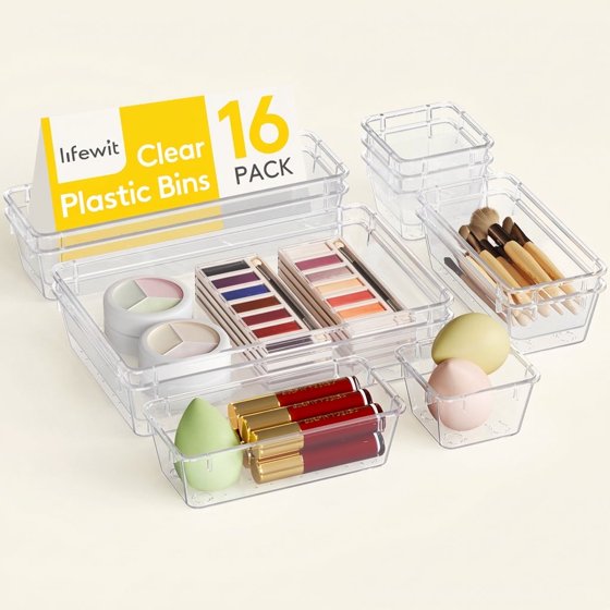 Norcho 16 PCS Clear Plastic Drawer Organizer Set, Desk Dividers Trays, Storage Bins for Makeup Jewelry Gadgets, Bedroom Bathroom Office