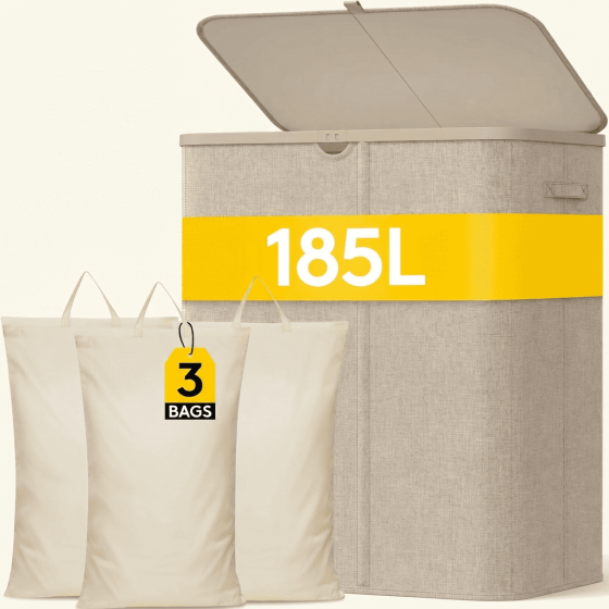 Norcho 185L 3-Section Laundry Hamper with Lid, Bamboo Handles Removable Bags Foldable Basket, Beige