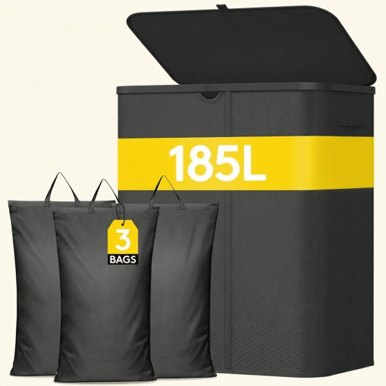 Norcho 185L 3-Section Laundry Hamper with Lid, Bamboo Handles Removable Bags Foldable Basket, Black