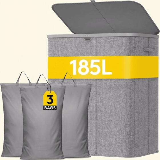Norcho 185L 3-Section Laundry Hamper with Lid, Bamboo Handles Removable Bags Foldable Basket, Light Gray