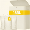 Norcho 185L 3-Section Laundry Hamper with Lid, Bamboo Handles Removable Bags Foldable Basket, White