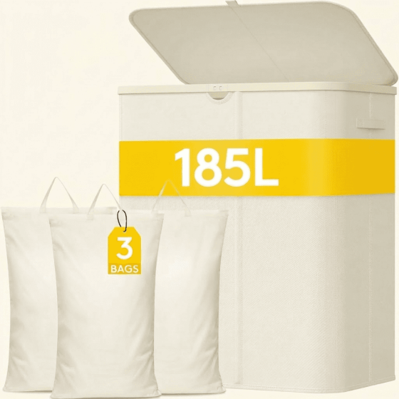 Norcho 185L 3-Section Laundry Hamper with Lid, Bamboo Handles Removable Bags Foldable Basket, White
