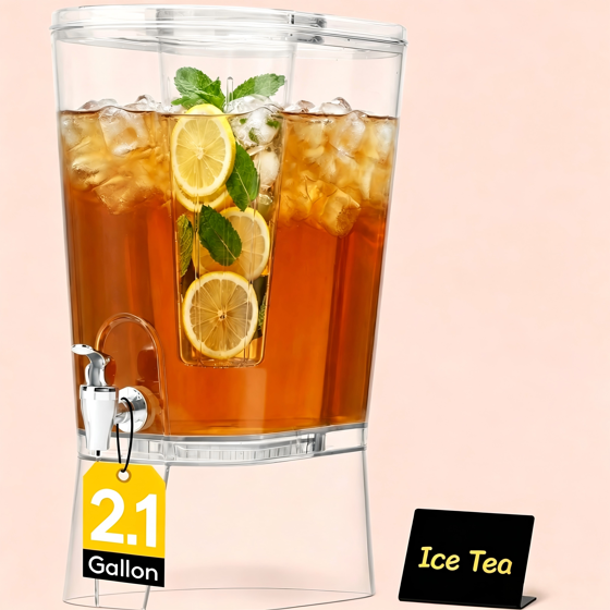 Norcho 2.1 Gallon Drink Dispenser for Parties with Stand and Ice Core, Clear Plastic Beverage Dispenser with Spigot for Juice, Tea, Soda, BPA-Free Lemonade Water Pitcher for Fridge and Events