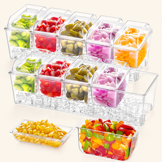 Norcho 2-Pack Ice Chilled Condiment Caddy 5 Containers, Condiment Server with Lid, Serving Tray Platter with Removable Dishes for Bar, Fruit, Salad, Taco Party & Garnishes